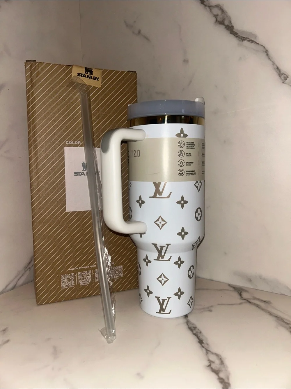 Stanley White and Gold Monogram Travel Tumbler with Handle - Picture 3 of 3